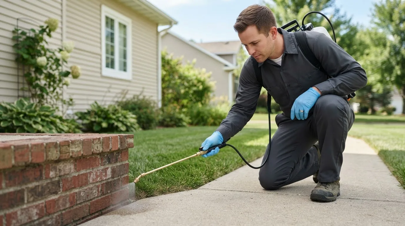 Pest control technician treating a home near Quemado, TX