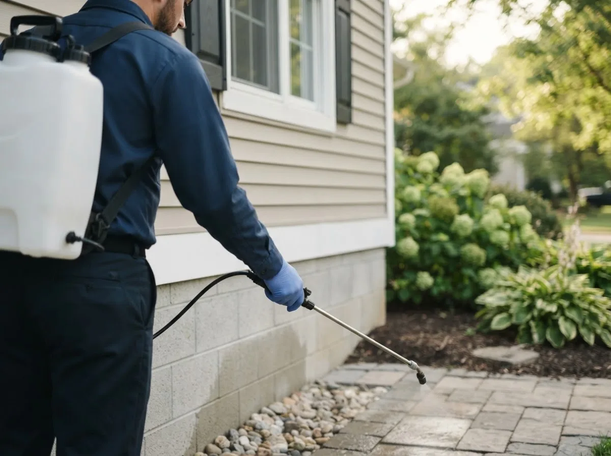 Pest control technician inspecting a home in Quemado, TX